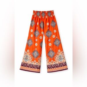 NWT Sienna Sky Orange Printed Smocked-Waist Wide Leg Pants | Med | Bohemian